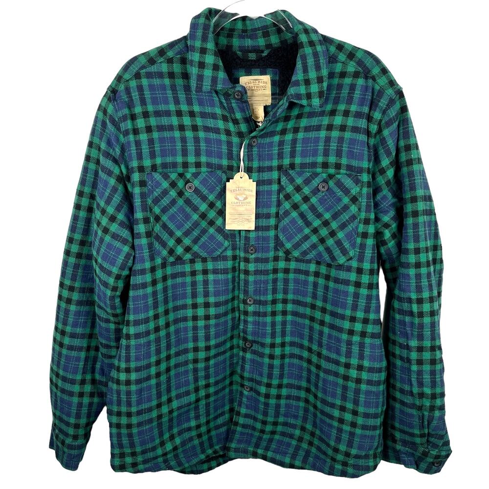 Telluride Clothing Co Flannel Jacket Green Navy Blue Large Sherpa Lined New